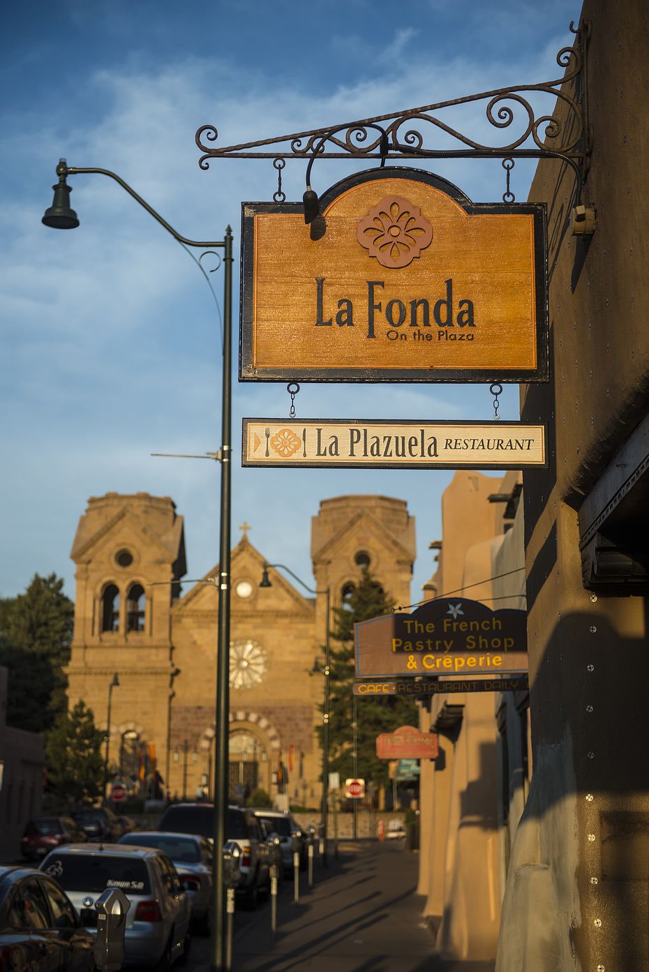 A historic sign welcomes guests to the La Fonda on the Plaza hotel in Santa Fe.