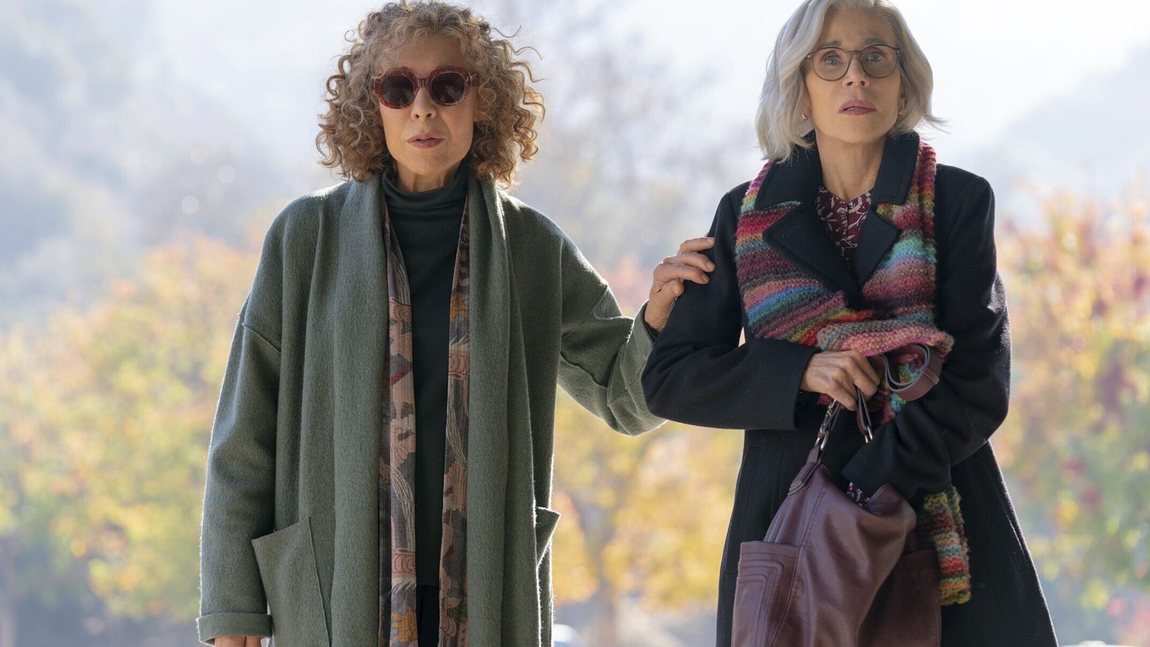 Lily Tomlin (left) and Jane Fonda play former college roommates reunited for a funeral in...