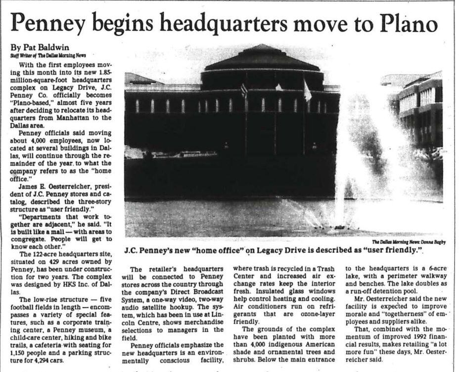 Penney begins headquarters move to Plano, published in The Dallas Morning News Aug. 12, 1992.