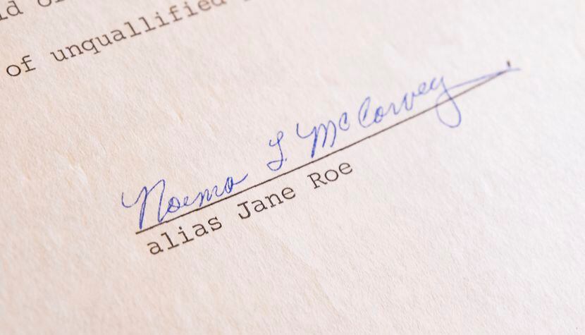 Norma McCorvey’s, Jane Roe, signature on the affidavit for Roe v. Wade photographed at Linda...