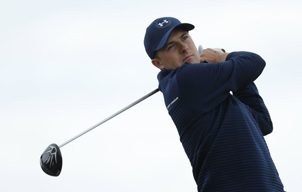 Jordan Spieth of the US hits his tee shot off the 6th during a practice round ahead of the...