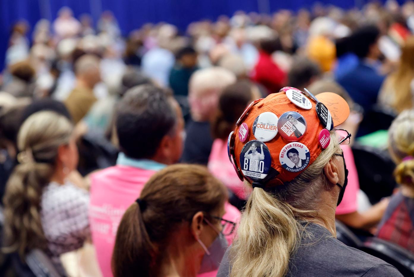 Mike Nichols of Tyler, Texas sports a cap full of Beto O’Rourke buttons during the SDEC...