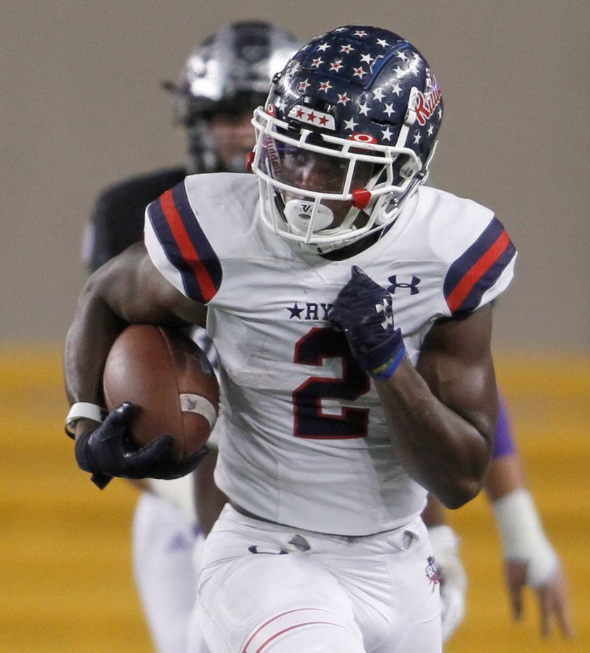 Denton Ryan running back Kalib Hicks (2) sprints through the College Station secondary for a long 2nd quarter rush which he finished the drive a couple of plays later with a rushing touchdown. The two teams played their Class 5A Division 1 Region ll final playoff football game at Baylor's McLane Stadium in Waco on December 3, 2021. (Steve Hamm/ Special Contributor)