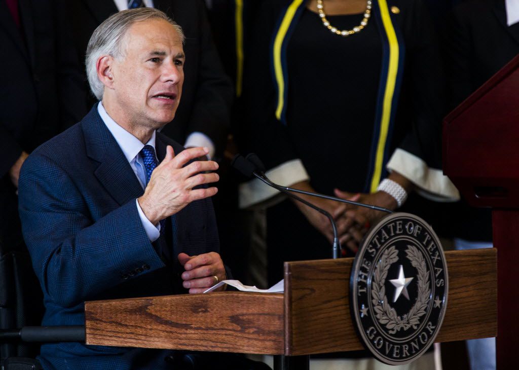 Texas Governor Greg Abbott speaks during a press conference on Friday, July 8, 2017 at...
