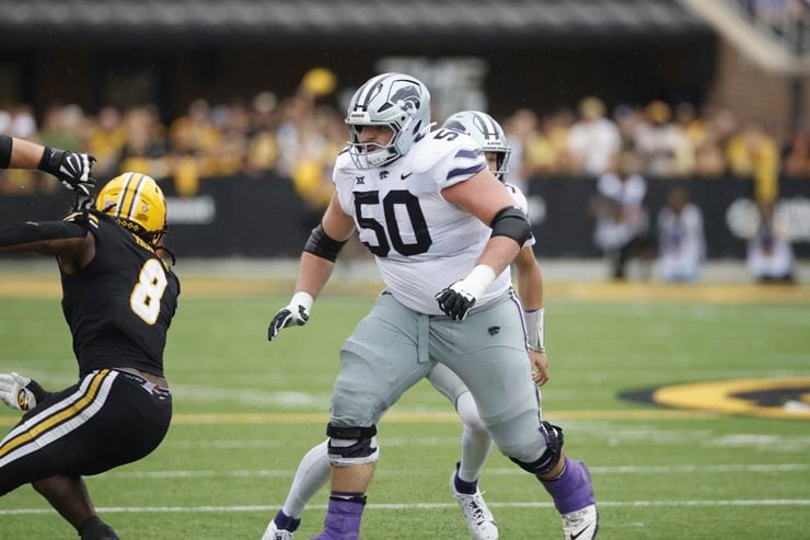 Kansas State offensive lineman Cooper Beebe (50) during an NCAA football game on Saturday,...