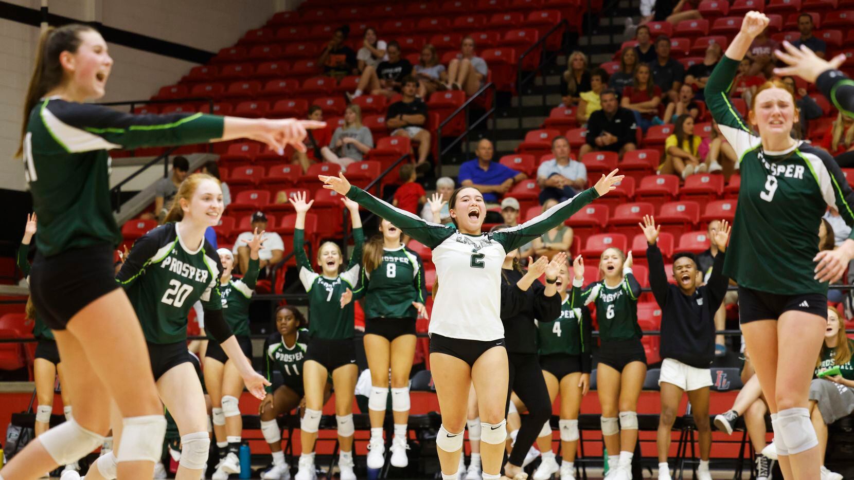Prosper players including Brooklyn Bowman (2) celebrates a point against Lovejoy during a...