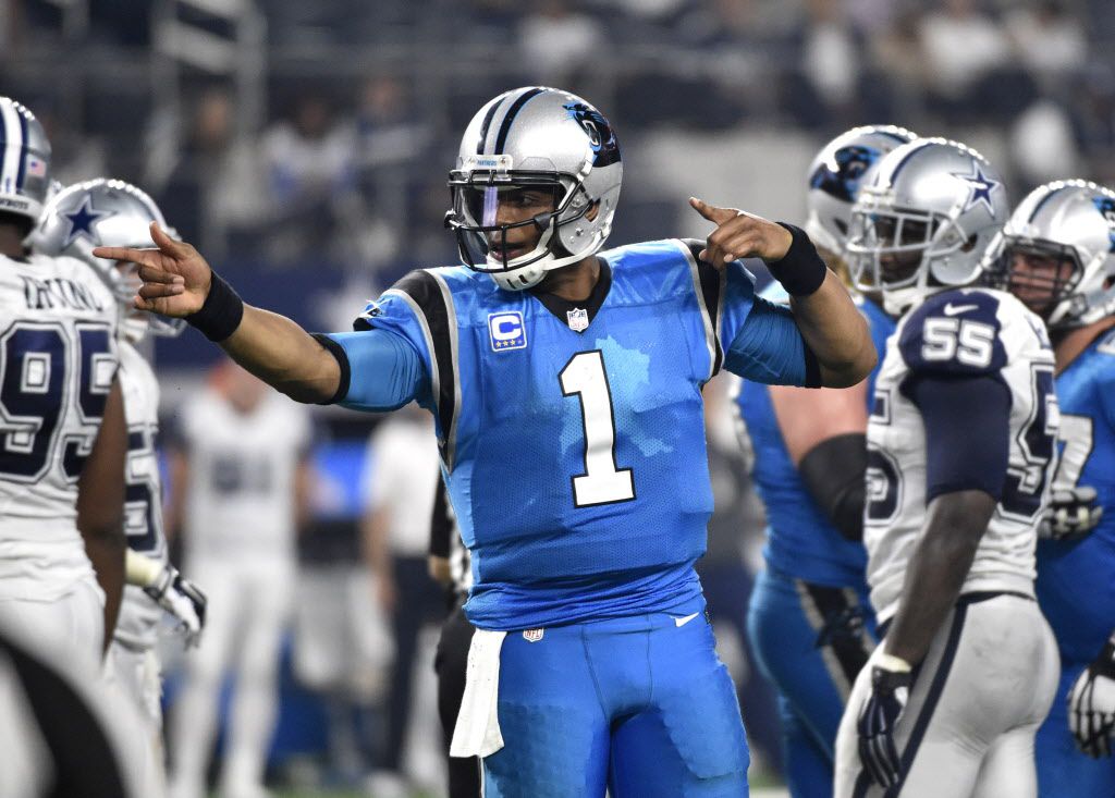 FILE - In this Nov. 26, 2015, file photo, Carolina Panthers quarterback Cam Newton (1) celebrates a first down against the Dallas Cowboys during an NFL football game in Arlington, Texas. Only one NFL team has gone 15-0 in the regular season, the 2007 Patriots. With a victory at Atlanta on Sunday, Dec. 27, the Panthers can match that feat. (AP Photo/Michael Ainsworth, File)