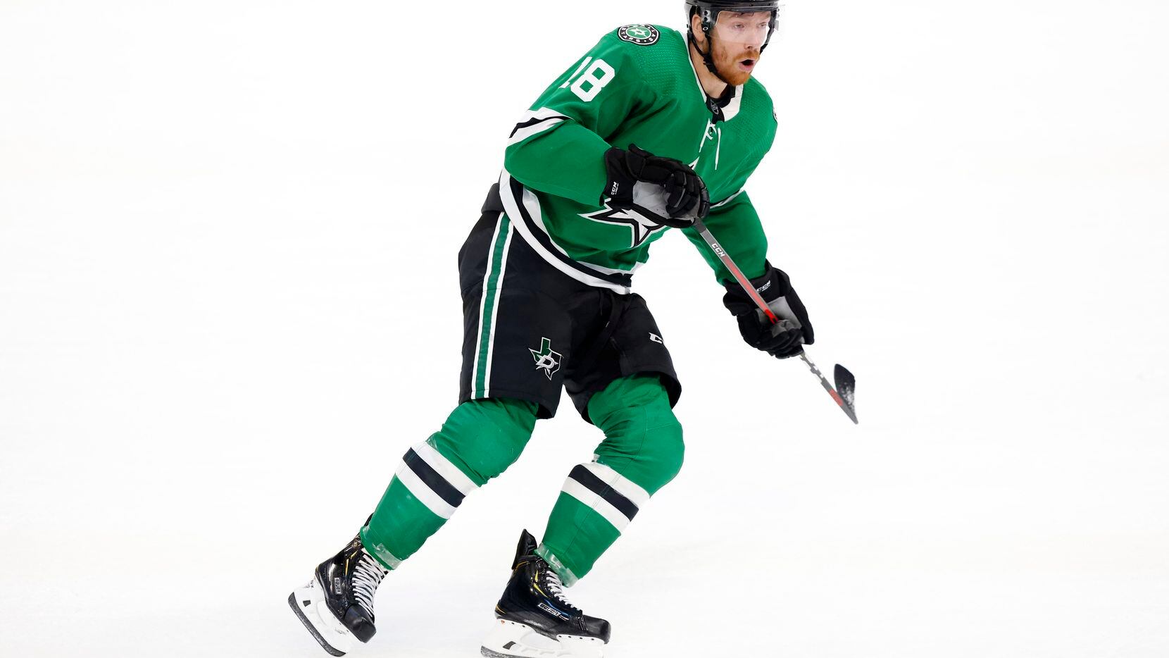 Dallas Stars left wing Michael Raffl (18) reacts to a play against the Colorado Avalanche during the second period of a preseason game at the American Airlines Center in Dallas, Thursday, October 7, 2021.