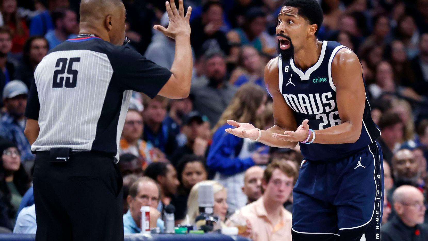 Dallas Mavericks guard Spencer Dinwiddie (26) receives a technical foul from referee Tony...