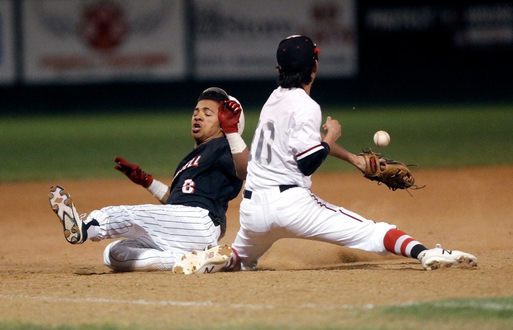 Coppell's De Heath (6) slides safely into third on an RBI triple as Lake Highlands third baseman Evan Garcia (1) reaches for the throw from the outfield during Coppell's 10-1 win on Thursday. (Brandon Wade/Special Contributor)