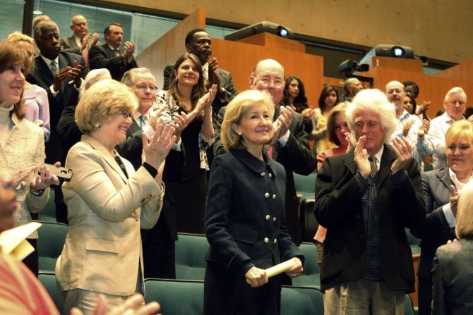 Dallas City Council members applauded former Senator Kay Bailey Hutchison at a meeting...