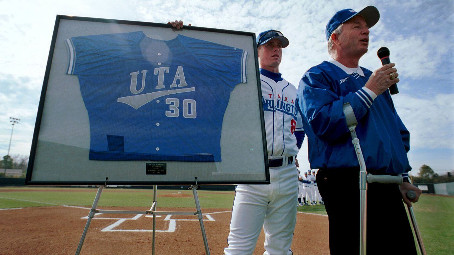 In this file photo, Butch McBroom speaks to UT-Arlington baseball fans after his baseball...