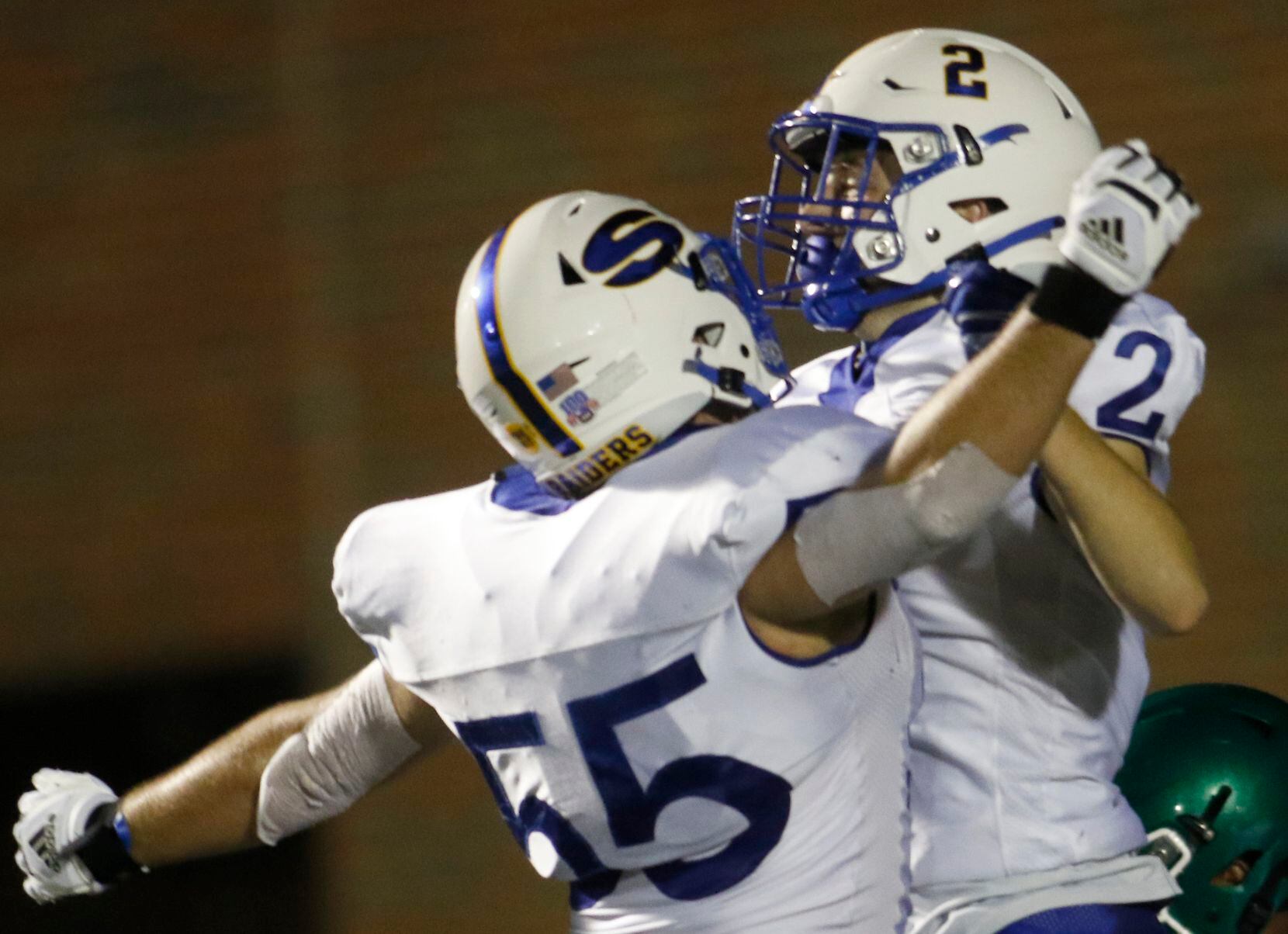 Sunnyvale receiver Noah Mcdill (2) celebrates with teammate Grey Miller (55) following...