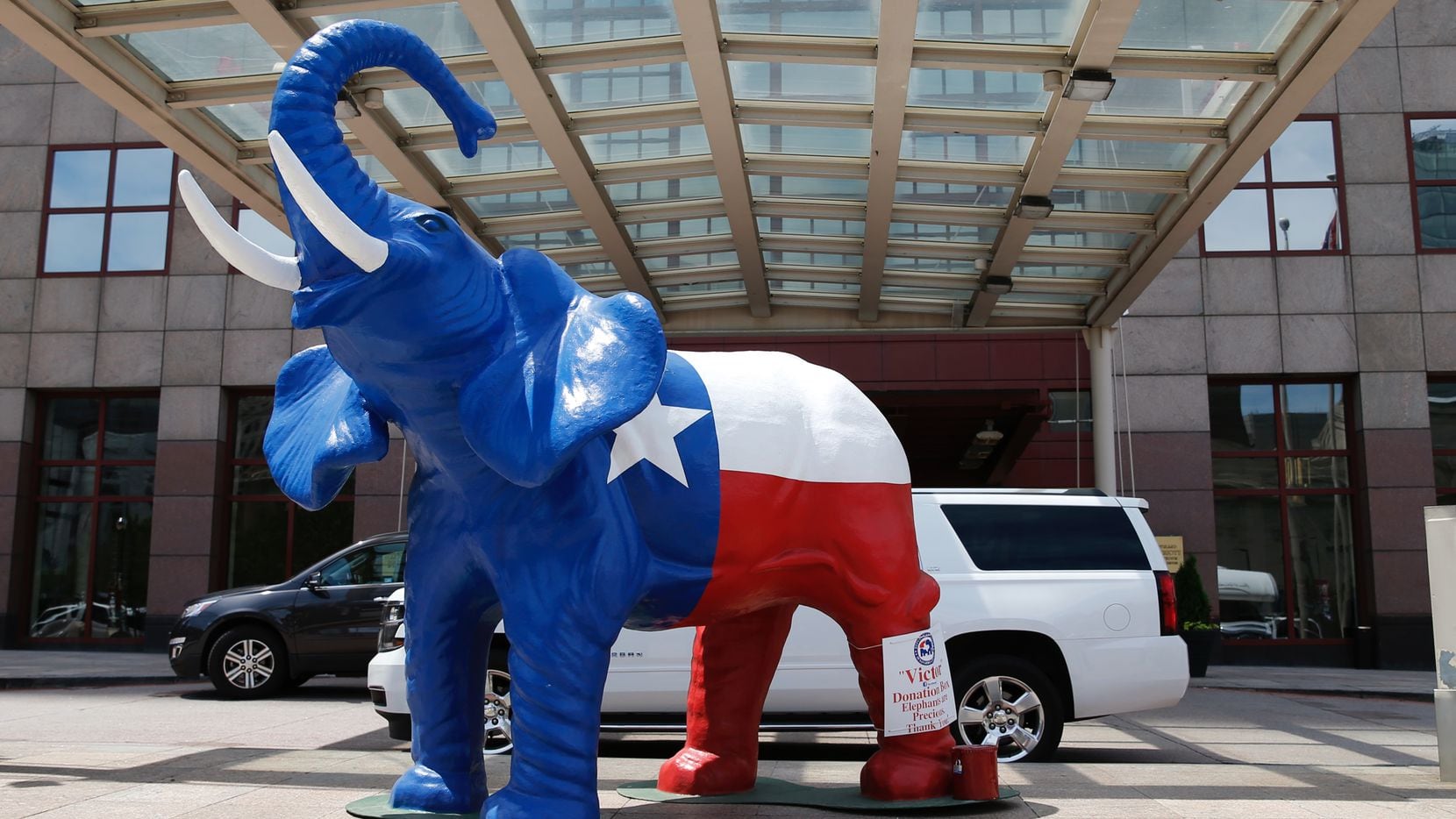 A large Texas-themed elephant staked out the front of the Texas delegate hotel for the...