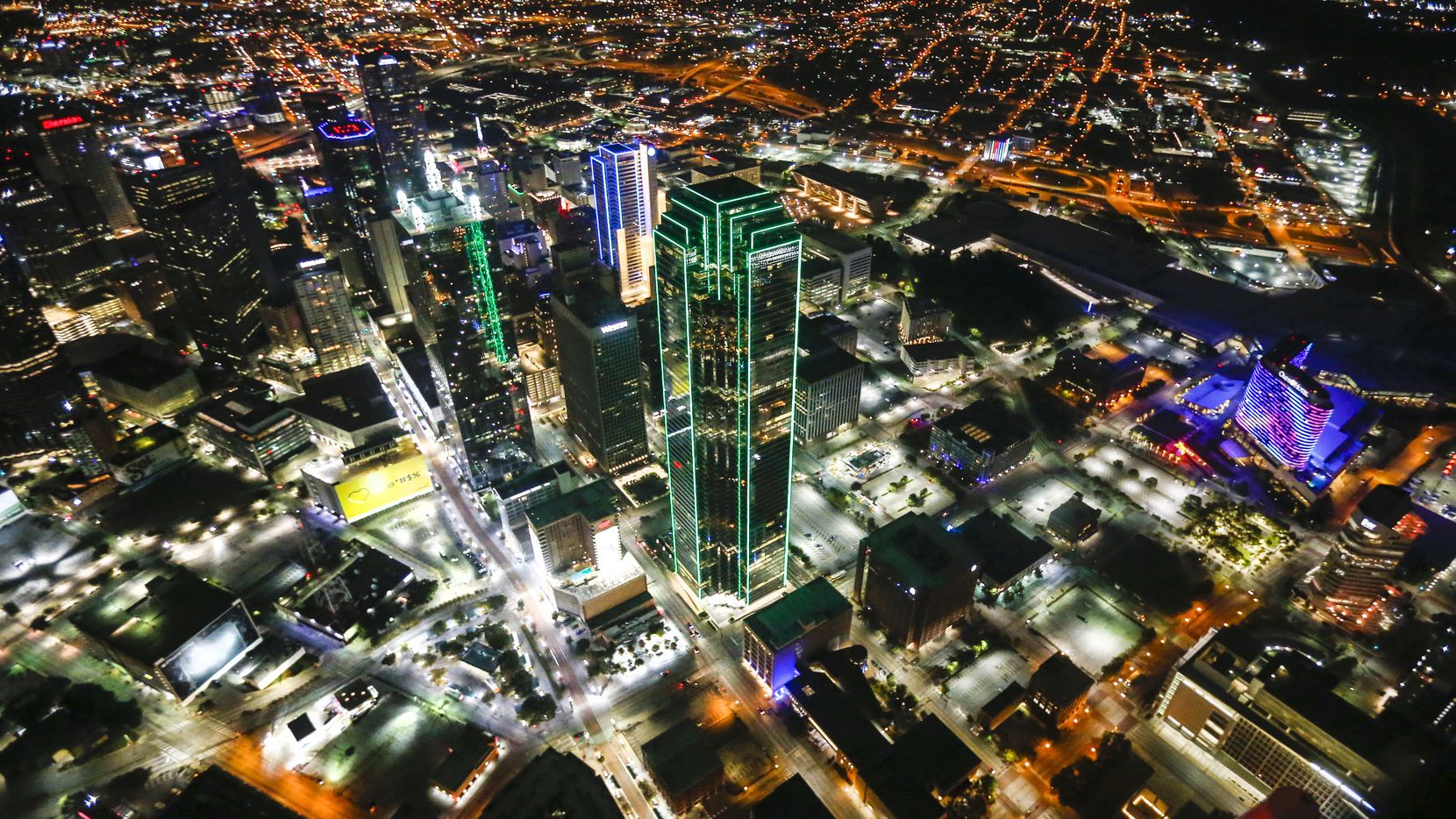 The Dallas skyline is seen from the Dallas Police Helicopter Unit as senior corporal Rob...