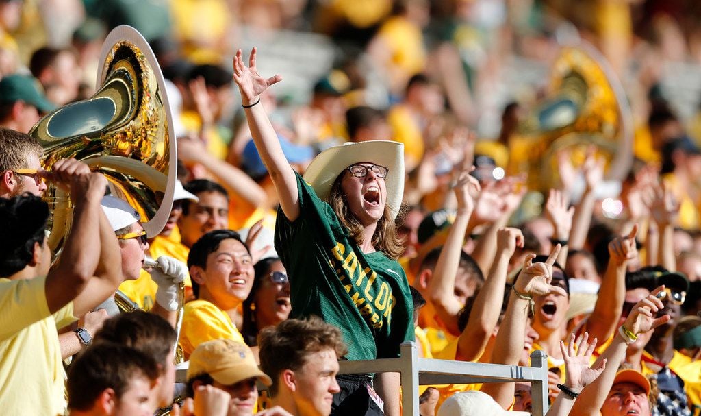 Baylor Bears fans cheer for their team as they play against Iowa State Cyclones during the second half of play at McLane Stadium in Waco, Texas on Saturday, September 28, 2019. Baylor Bears defeated Iowa State Cyclones 23-21. (Vernon Bryant/The Dallas Morning News)