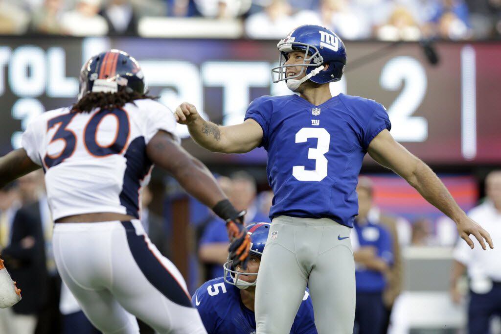 FILE - In this Sept. 15, 2013, file photo, New York Giants kicker Josh Brown (3) reacts...