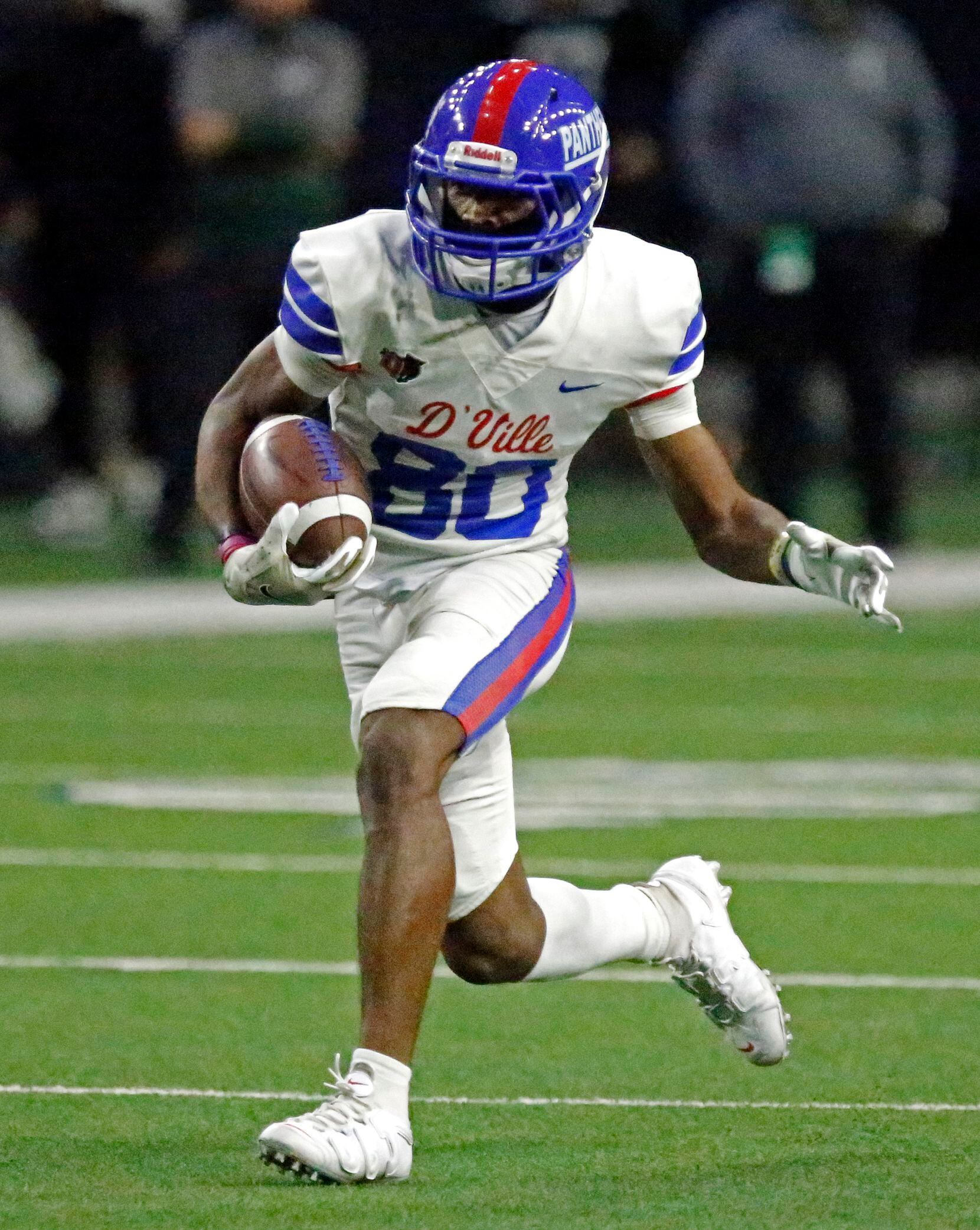 Duncanville High School wide receiver Dakorien Moore (80)  runs after the catch during the first half as Duncanville High School played Spring High School in a Class 6A Division I Region II semifinal football game at The Ford Center in Frisco on Saturday, November 27, 2021. (Stewart F. House/Special Contributor)