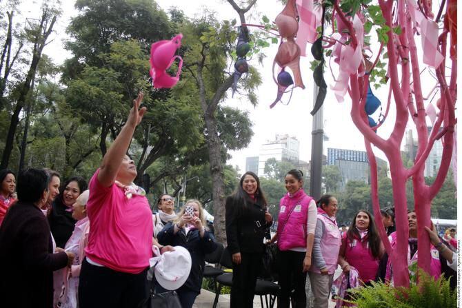 Sobrevivientes del cáncer de mama lanzan sostenes rosas durante un evento en la Ciudad de...