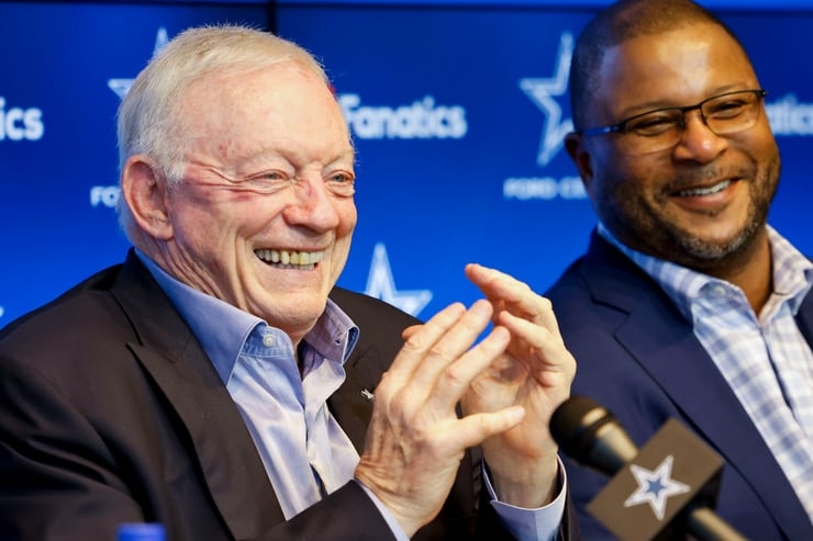 Dallas Cowboys owner Jerry Jones (left), alongside vice president of player personnel Will...