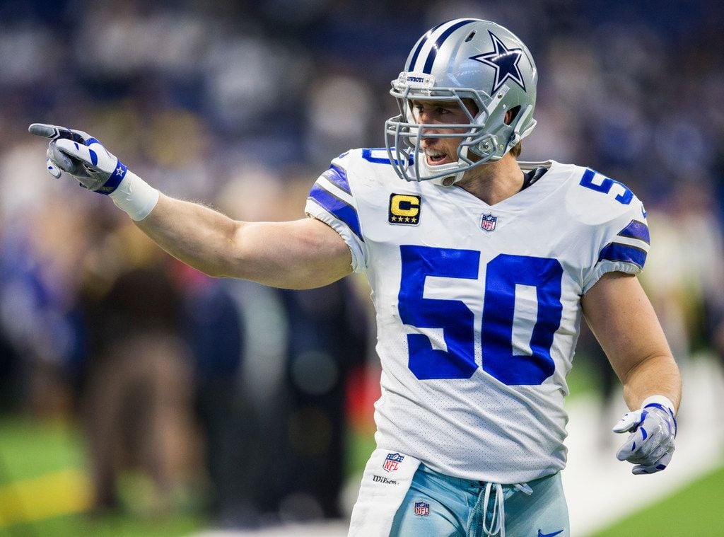 Dallas Cowboys outside linebacker Sean Lee (50) points to a fan as he warms up before an NFL game between the Dallas Cowboys and the Indianapolis Colts on Sunday, December 16, 2018 at Lucas Oil Stadium in Indianapolis, Indiana. (Ashley Landis/The Dallas Morning News)