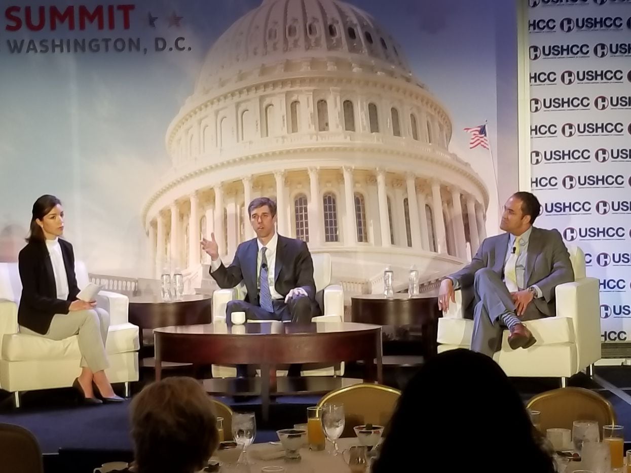 Reps. Beto O'Rourke (center) and Will Hurd spoke to the U.S. Hispanic Chamber of Commerce at the Willard Intercontinental Hotel in Washington on April 25, 2018.