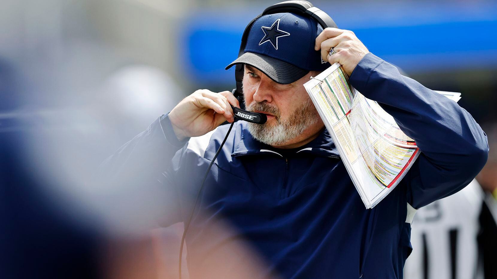Dallas Cowboys head coach Mike McCarthy readies his head set as he prepares to face the Los...