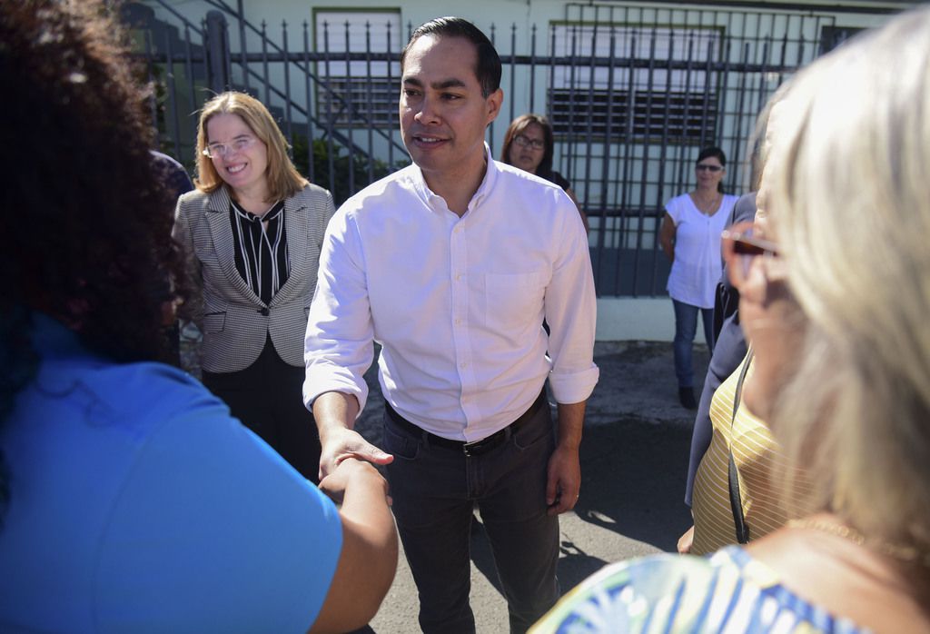 Julian Castro greeted residents in Playita, one of the poorest and most affected communities in the aftermath of Hurricane Maria in San Juan, Puerto Rico, on Jan. 14, 2019. The presidential candidate joined dozens of high-profile Latinos in Puerto Rico to talk about mobilizing voters ahead of the 2020 elections and increasing Latino political representation to take on President Donald Trump.