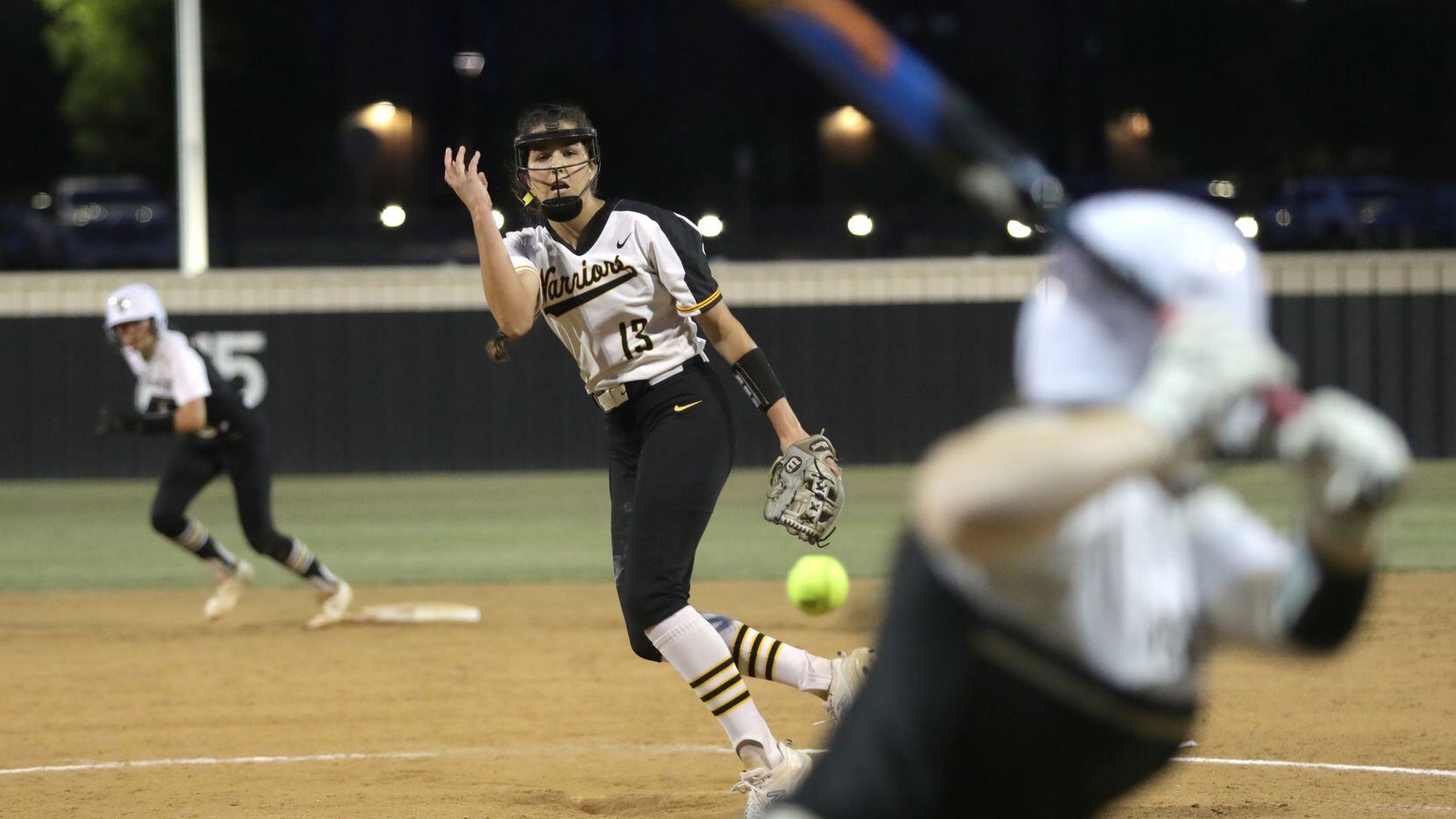 Frisco Memorial High School #13, Madelyn Muller, pitches to The Colony High School #18,...