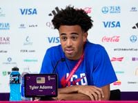 Tyler Adams of the United States attends a press conference on the eve of the group B World...
