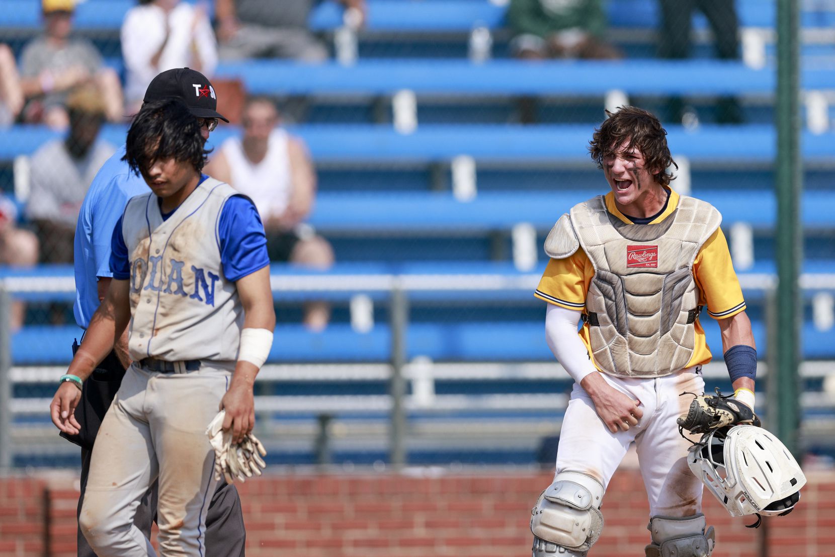 Plano Prestonwood catcher AJ DePaolo (5) reacts after throwing out Fort Worth Nolan...