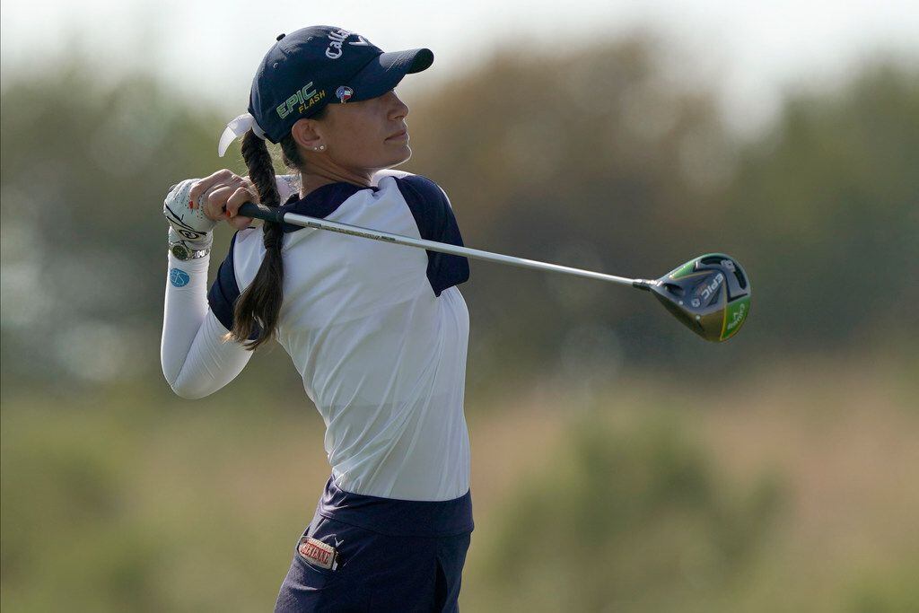 THE COLONY, TX - OCTOBER 04: Cheyenne Knight watches her tee shot on the first hole during...