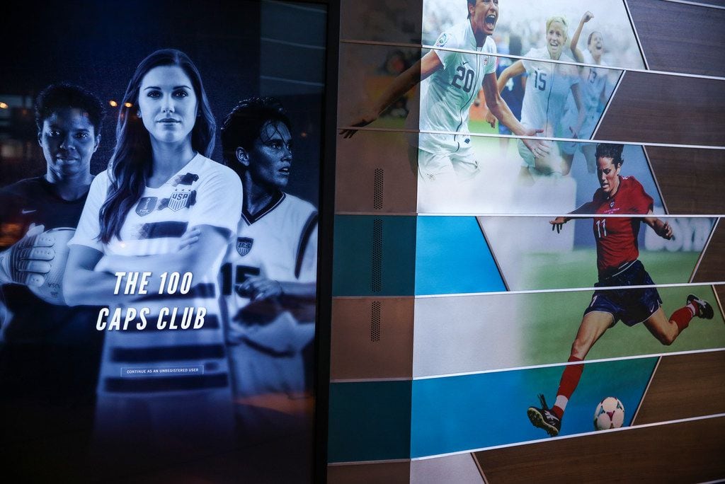 An interactive screen featuring "The 100 Caps Club" is pictured at the National Soccer Hall...