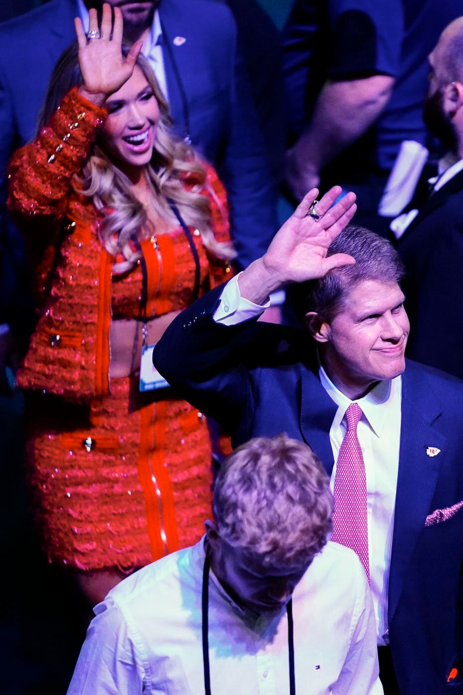 Kansas City Chiefs owner Clark Hunt waves as he arrives during Super Bowl 57 opening night...