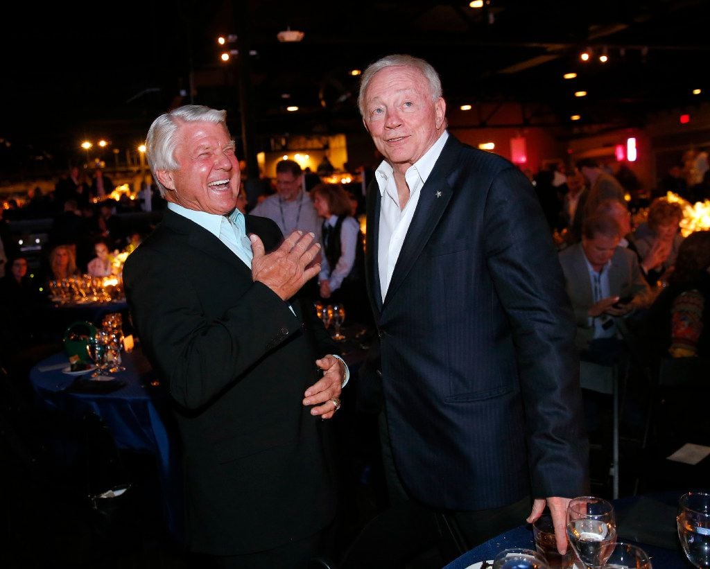 Dallas Cowboys owner Jerry Jones (right) and his former Super Bowl winning coach Jimmy Johnson share a laugh following the 25th Anniversary of the Dallas Cowboys Super Bowl XXVII at Gilley's in Dallas, Saturday, February 25, 2017. The event was hosted by Troy Aikman and United Way of Metropolitan of Dallas in which he is the new fundraiser. The evening featured appearances by Cowboys legends, a conversation with head coach Jimmy Johnson and other members of the 1992 coaching staff, and a special celebration honoring Jerry Jones for his election to the Pro Football Hall of Fame. (Tom Fox/The Dallas Morning News)