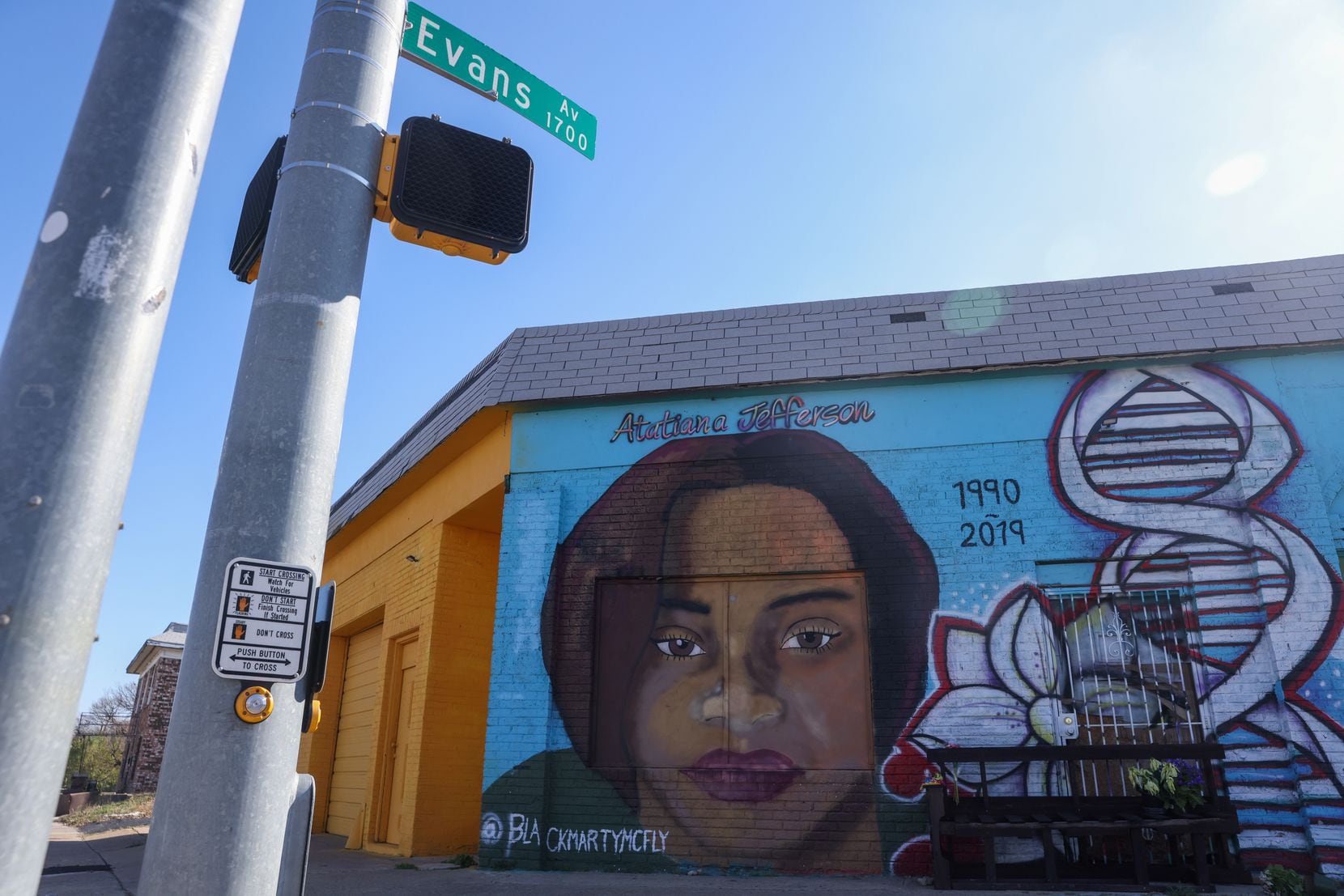 A mural in memory of Atatiana Jefferson stands on the corner of Evans Avenue and East Allen...