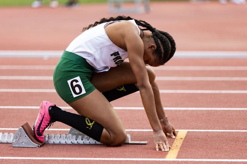 Lauren Lewis of Prosper prepares to race in the girls’ 400-meter dash at the UIL Track &...