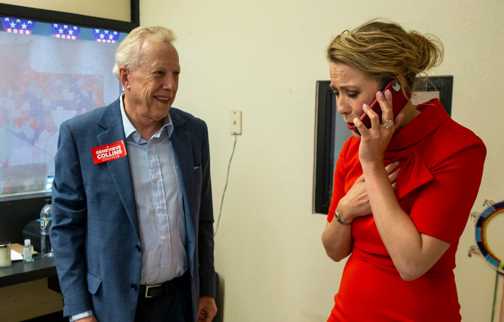 District 32 congressional candidate Genevieve Collins (right) takes a congratulatory phone call from Lt. Governor Dan Patrick alongside her father, Dick Collins, during an election watch party at Collins' campaign headquarters in Dallas on Tuesday, March 3, 2020. Collins is running in the GOP primary against Floyd McLendon and others.