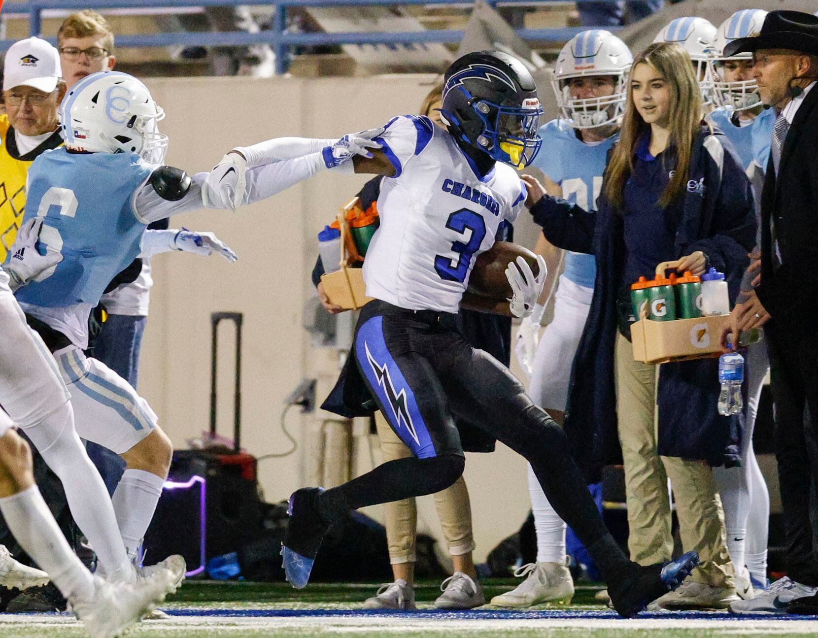 Houston Cypress Christian defensive back Brayden Stovall (6) forces Dallas Christian wide...