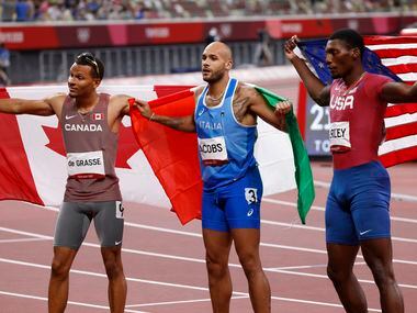 (From l to r) Canada’s Andre de Grasse, Italy’s Lamont Marcell Jacobs, and USA’s Fred Kersey...