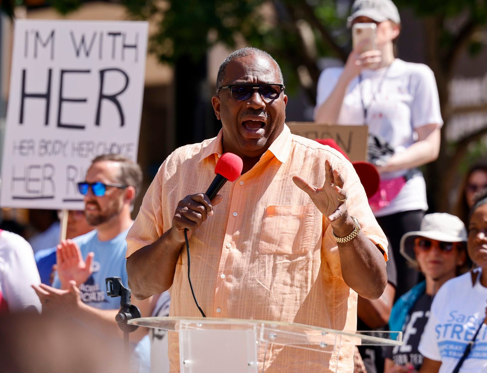 State Sen. Royce West spoke during an abortion rights rally at Main Street Garden Park in...