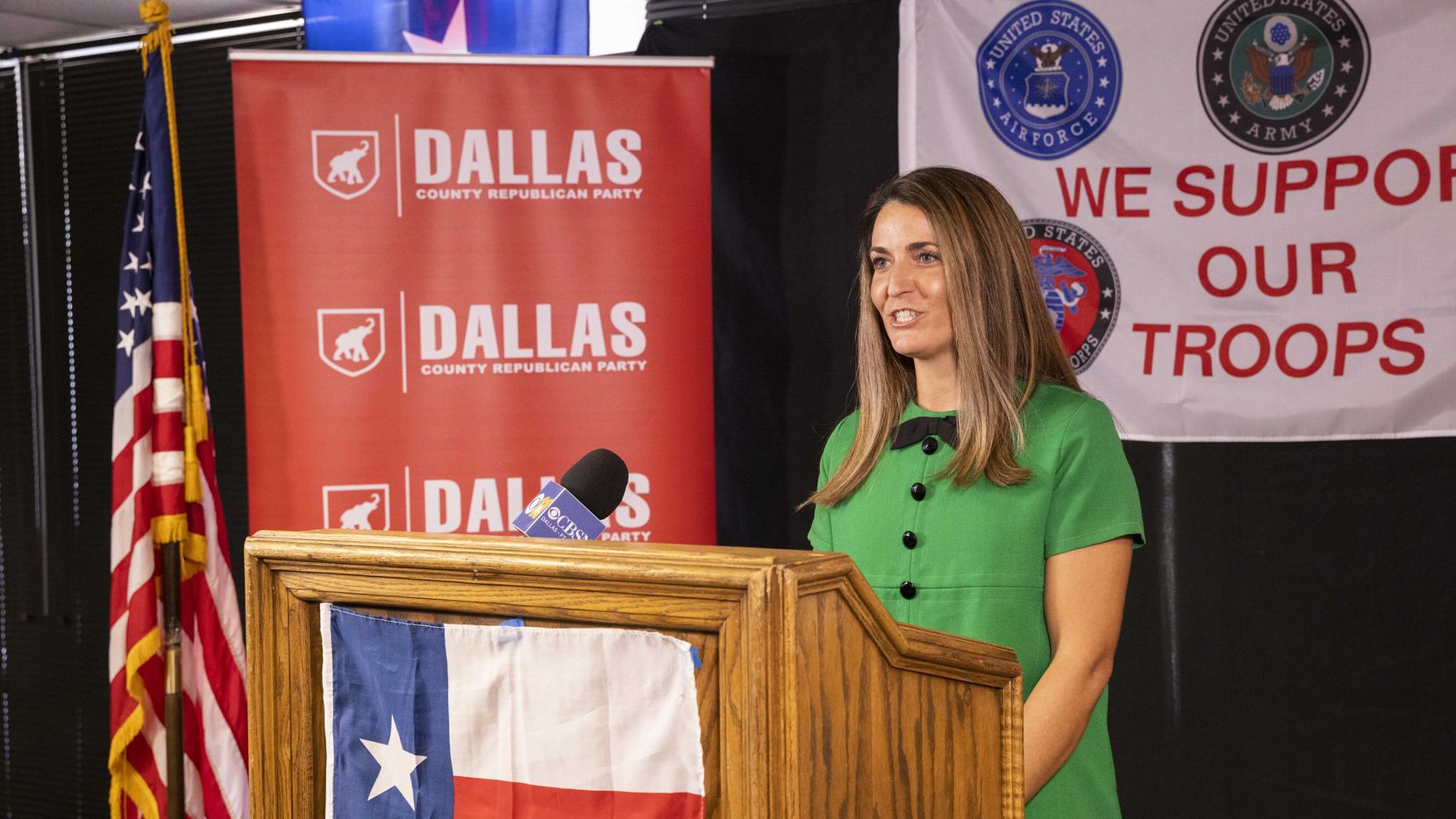 Lauren Davis, candidate for Dallas County Judge, speaks during a press event introducing...