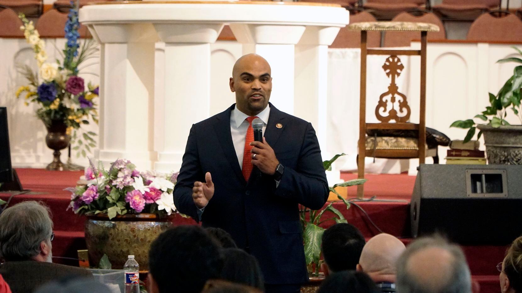 Rep. Colin Allred speaks during a town hall meeting at Greater Cornerstone Baptist Church in...