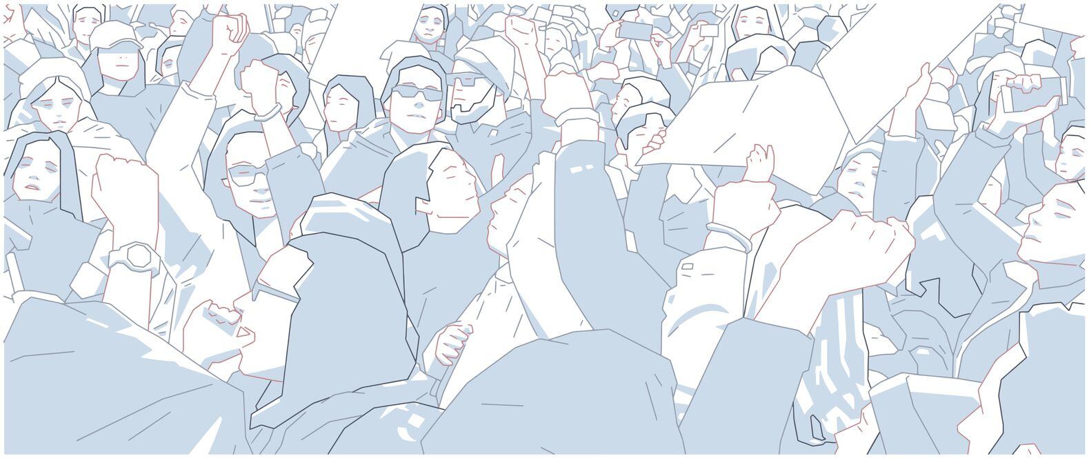 Stylzied illustration of large crowd demonstration with signs and banner