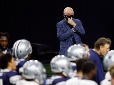 Dallas Cowboys owner and general manager Jerry Jones watches practice from the sidelines during training camp at the Dallas Cowboys headquarters at The Star in Frisco, Texas on Tuesday, August 25, 2020.