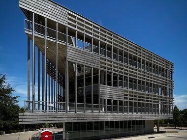 A speculative office building featuring a wooden sun shade designed by Dallas architect Gary...
