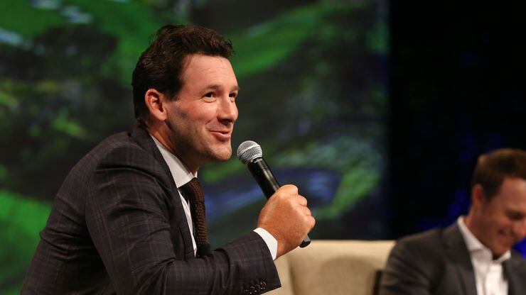 Tony Romo speaks alongside Jordan Spieth during "A Conversation With a Living Legend" at the...