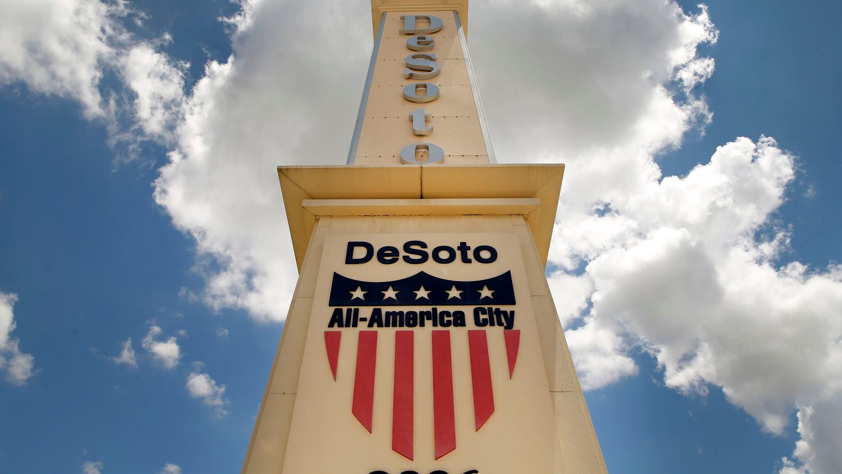 A large obelisk greets people to the City of Desoto, Texas at the intersection of E. Pleasant Run Rd. and Interstate 35E, Wednesday, June 24, 2020.