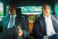 President Barack Obama and Jerry Seinfeld filming the episode on the grounds of the White...