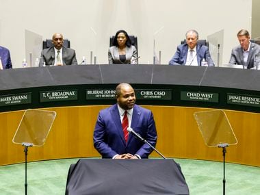 Dallas Mayor Eric Johnson speaks during his state of the city address at City Hall in Dallas...